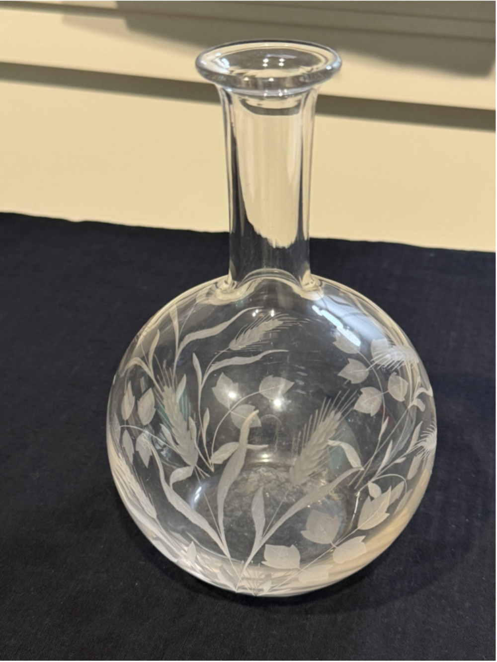Vintage Unbranded Clear Glass Bud Vase with Etched Floral Wheat Leaf Design